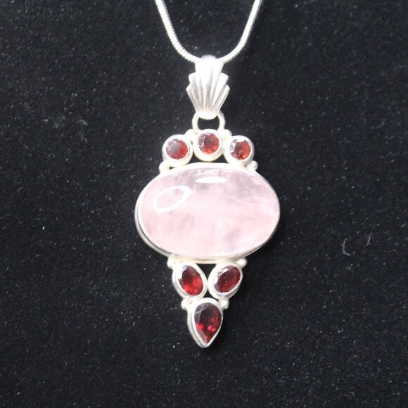 Sterling Silver Rose Quartz Gemstone and Red Glass Stone Necklace - Picture 13 of 13